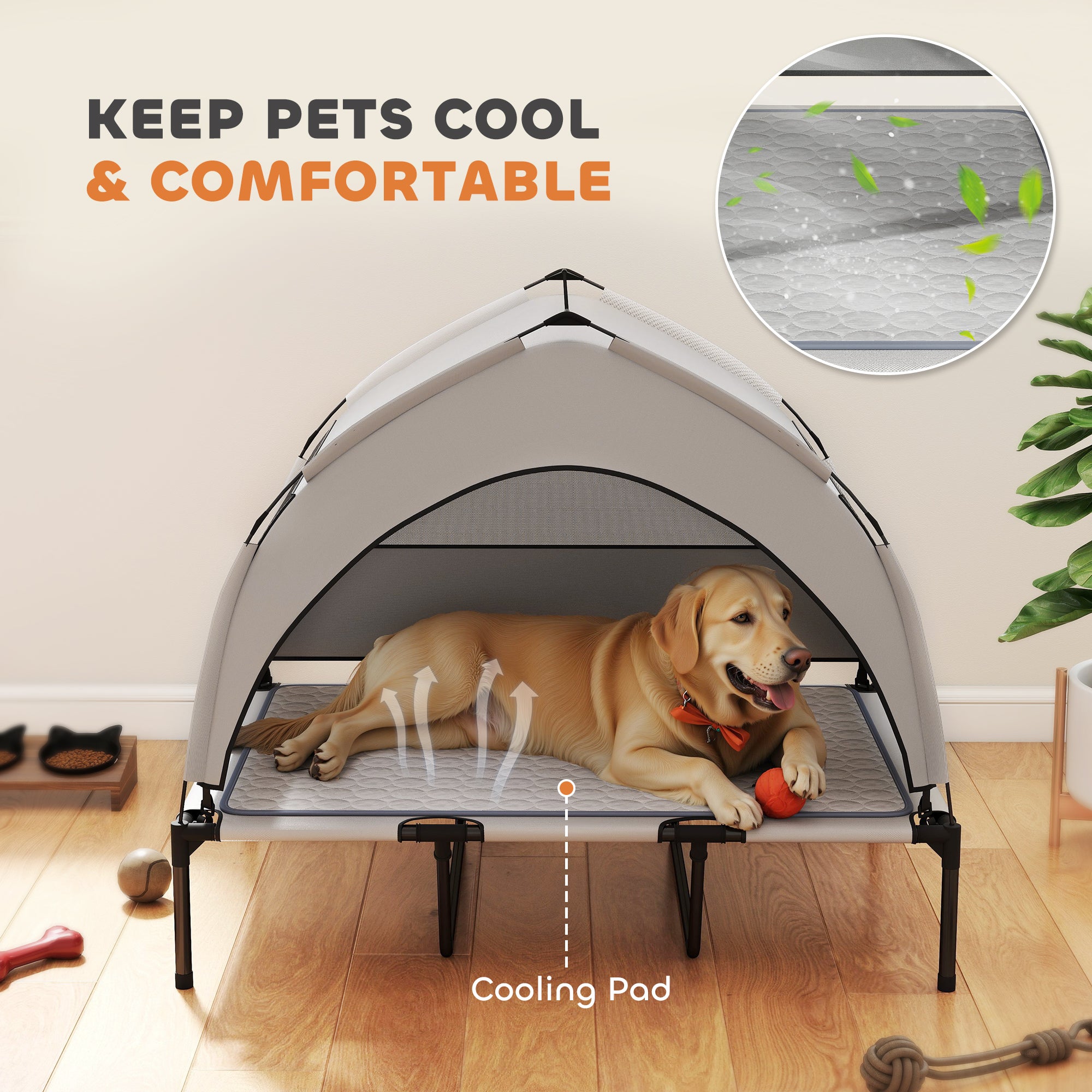 Elevated Dog Bed with Canopy & Cooling Pad