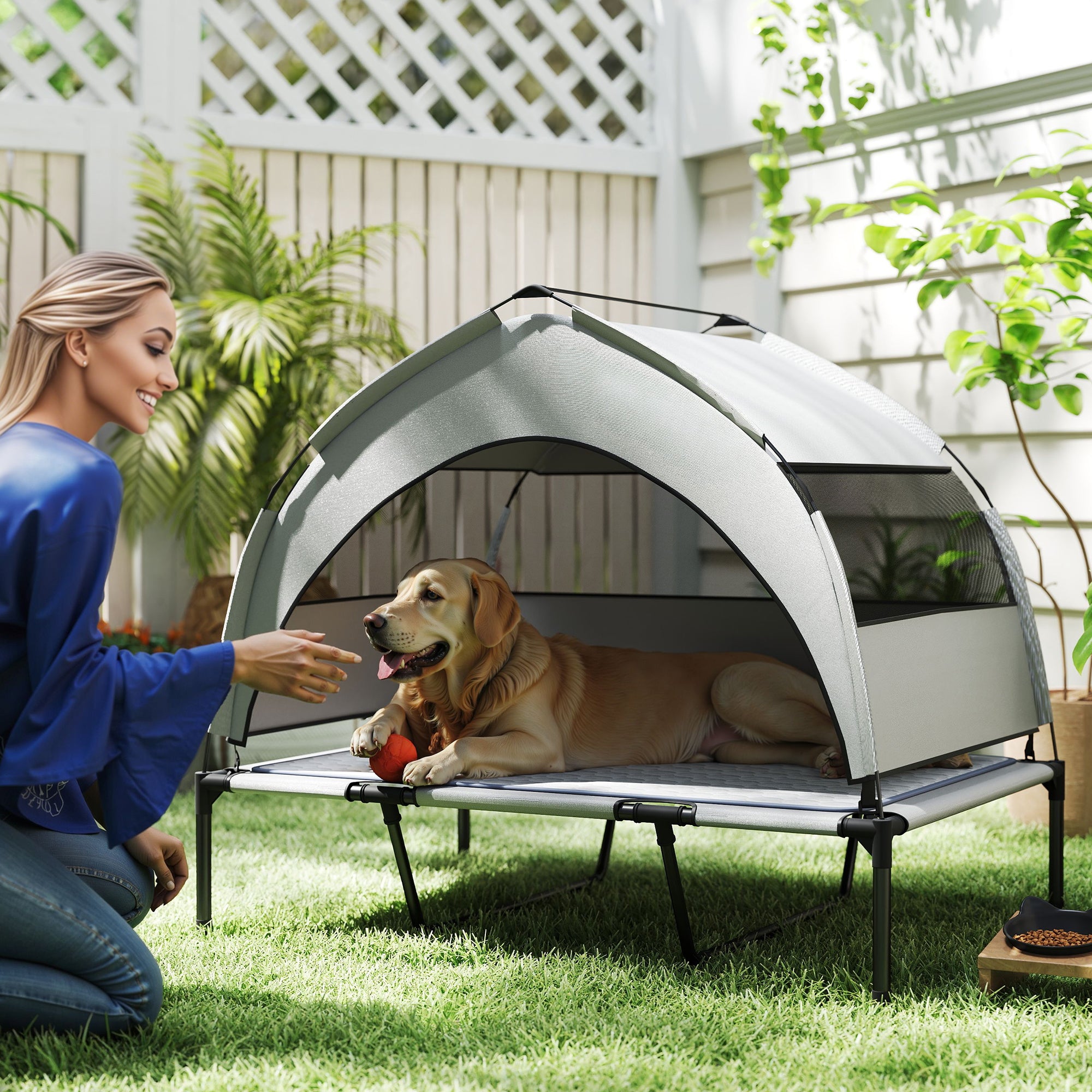 Elevated Dog Bed with Canopy & Cooling Pad